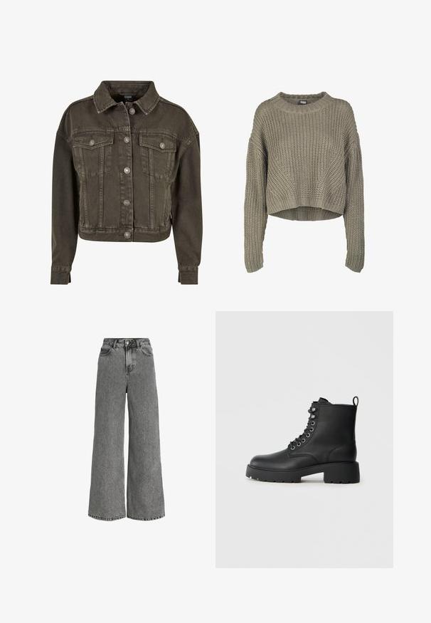 Gemiddelde denim jas in donkergrijs, met twee borstzakken, zilveren hardware knopen en een klassieke kraag. Zachte, gestructureerde stof.; Olijfgroen geknipte gebreide trui met een textuurpatroon, ronde halslijn en lange mouwen. Dikke ribbels aan de zoom en manchetten.; Grijze denim jeans met hoge taille, wijde pijpen, voorste knoopsluiting, ritssluiting en ontwerp met vijf zakken.; Zwarte leren enkellaarzen met een ronde neus, vetersluiting aan de voorkant en een chunky, geribbelde zool. Voorzien van een aantrektab aan de achterkant.