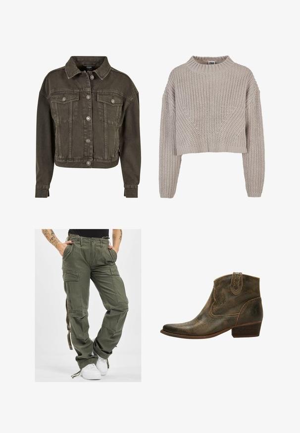 Forkortet denimjakke i mørkegrå med to brystlommer, sølvfarvede knapdetaljer og klassisk krave. Blødt, tekstureret stof.; Beige chunky strikket cropped sweater med lange ærmer og ribbet rund halsudskæring samt manchetter.; Olivengrønne cargo-bukser med flere lommer, snøre i taljen og afslappet pasform. Stoffet har en blød tekstur og en robust, holdbar fremtoning.; Brun læder ankelstøvle med spids tå, dekorativ syning og en lav hæl. Har en subtil, tekstureret overflade og en trækflap.