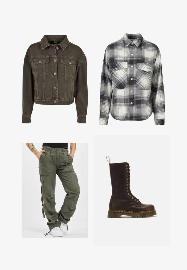 Gekürzte Jeansjacke in Dunkelgrau, mit zwei Brusttaschen, silbernen Knöpfen und einem klassischen Kragen. Weicher, strukturierter Stoff.; Karierte Flanellhemd in Schwarz, Weiß und Grau. Mit Knopfverschluss, zwei Brusttaschen und langen Ärmeln mit geknöpften Manschetten.; Olivgrüne Cargo-Hosen mit mehreren Taschen, Kordelzugbund und lockerer Passform. Der Stoff hat eine weiche Textur und wirkt robust und langlebig.; Hoher dunkelbrauner Leder-Schnürstiefel mit gelber Naht, dicker profilierter Sohle und Zugschlaufe hinten.