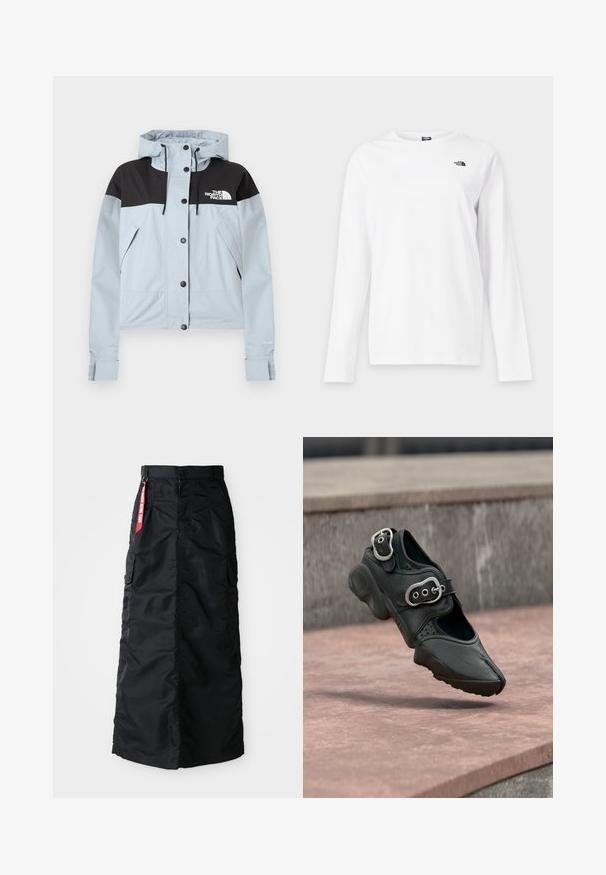 Chaqueta impermeable azul claro con sección superior negra, cierre de cremallera y broches, capucha ajustable y bolsillos laterales. Cuenta con la marca "Dryvent".; Camiseta blanca de manga larga con cuello redondo y pequeño logo negro de The North Face en el lado izquierdo del pecho.; Falda larga negra con botones y cremallera en el frente, bolsillos laterales tipo cargo y una etiqueta de tela roja "Retirar antes del vuelo" en la cinturilla.; Zapato negro de punta partida con dos hebillas plateadas, suela gruesa y detalles perforados, flotando sobre una superficie de piedra.