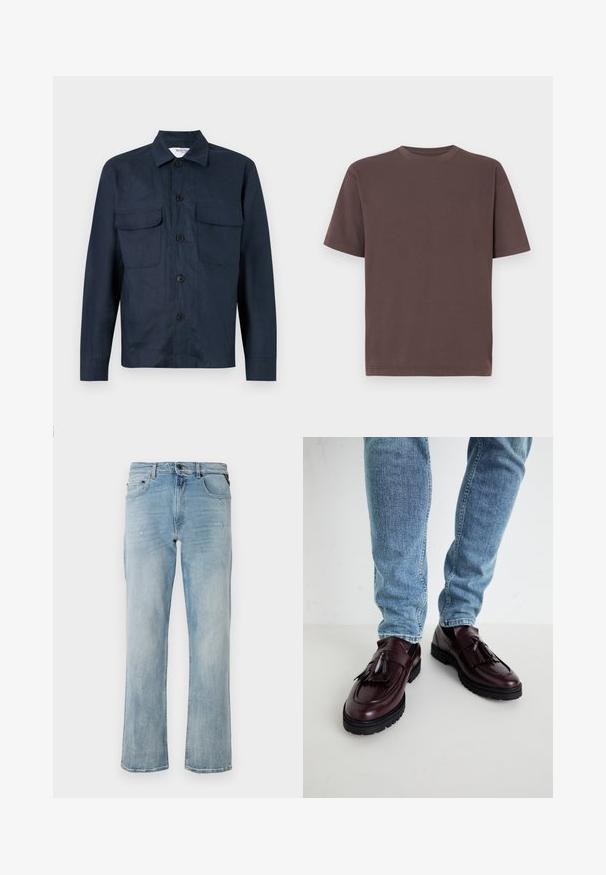 Veste chemise bleu marine en tissu léger, dotée d'un bouton sur le devant, de deux poches poitrine et d'un col pointu. Texture lisse.; T-shirt en coton marron avec un col rond et des manches courtes, offrant une coupe décontractée et une texture lisse, avec un minimum de détails.; Jean en denim bleu clair à coupe décontractée, mettant en avant des détails légèrement usés et un design classique à cinq poches.; Mocassins en cuir bourgogne avec pompons et dessus texturé, associés à un jean en denim bleu clair. Semelle en caoutchouc noir visible.