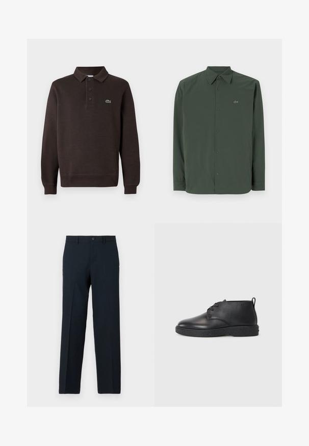 Camisa de manga larga verde oscuro hecha de una tela suave, con cuello abotonado y un logo sutil en el lado izquierdo del pecho.; Camisa polo de manga larga marrón hecha de tejido texturizado, con un pletina de tres botones y un pequeño logo de Lacoste en el pecho.; Pantalones ajustados negros con cierre de botón y cremallera, trabillas para el cinturón y diseño de pierna recta.; Botas de tobillo de cuero negro con textura suave, punta redondeada y suela de goma negra. Cuentan con un diseño de cordones y un tirador en el talón para facilitar su uso.