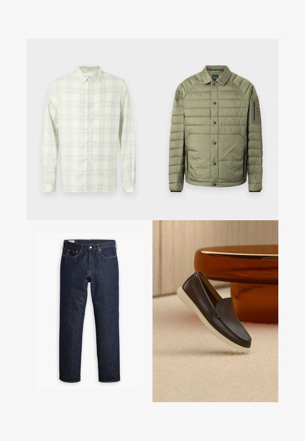 Chaqueta acolchada color verde oliva con botones de presión, cuello, bolsillos laterales y bolsillo con cremallera en la manga, con etiquetas de la marca "BOSS".; Camisa de cuadros amarilla clara de manga larga con botones y cuello, mostrada extendida sobre un fondo blanco.; Jeans de denim azul oscuro con corte recto, que cuentan con un estilo de cinco bolsillos, costuras visibles y una clásica bragueta de botones.; Mocasín de cuero marrón oscuro con parte superior texturizada y suela blanca, colocado sobre una alfombra beige cerca de una mesa redonda marrón brillante.