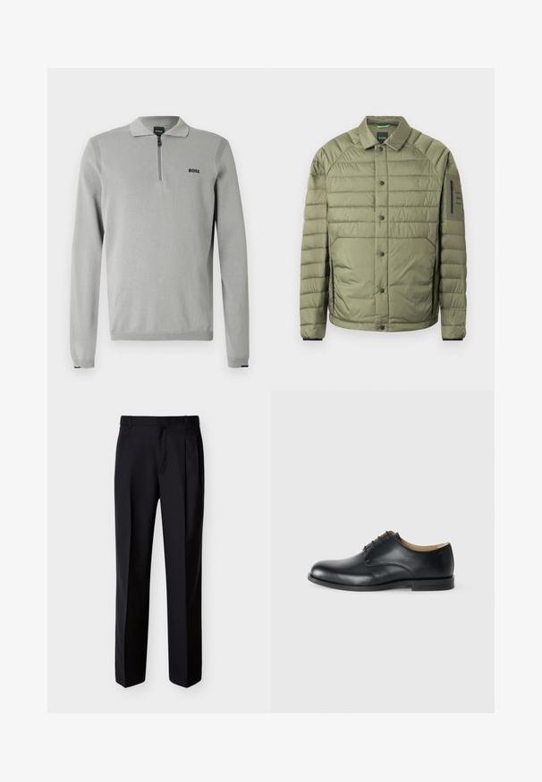 Veste matelassée vert olive avec boutons-pression, col, poches latérales et poche zippée sur la manche, marquée avec des étiquettes "BOSS".; Pull-over gris avec col zippé, présentant des accents côtelés sur les épaules et les poignets. Comprend un petit logo noir "BOSS" sur la poitrine.; Pantalon noir ajusté à coupe droite, avec un devant plissé et des poches latérales. Confectionné dans un tissu lisse et léger à motif uni.; Calvin Klein ESS DERBY - Derbies - triple black