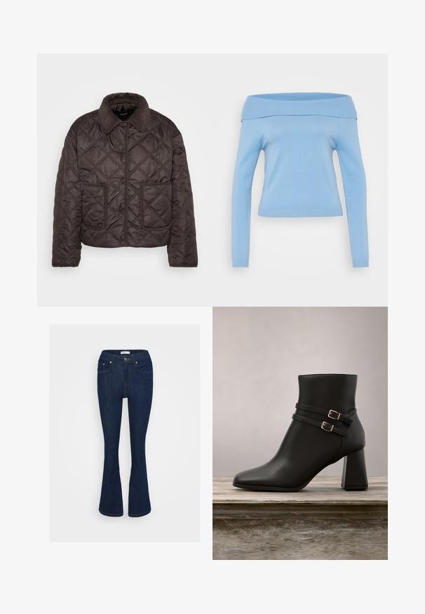 Chaqueta acolchada marrón oscuro con botones a presión, dos bolsillos frontales de parche y un cuello de pana, exhibida plana sobre un fondo blanco.; Top azul claro, sin mangas y de manga larga, con un cuello ribeteado y puños, diseño ajustado y tela suave y ligera.; Pantalones vaqueros acampanados de mezclilla azul oscura con un diseño clásico de cinco bolsillos, cierre de botón metálico y detalles de costura en los bolsillos.; Botín negro de tobillo hecho de cuero liso, con dos correas con hebillas y un tacón cuadrado con un ligero acento translúcido.