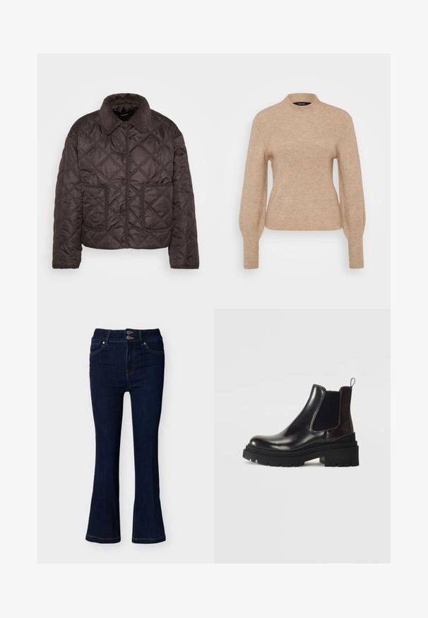 Veste matelassée brun foncé avec des boutons-pression, deux poches plaquées avant et un col en velours côtelé, présentée à plat sur un fond blanc.; Pull en maille beige avec un col haut et des manches longues, présentant une texture douce et une coupe ajustée. Le tissu semble léger et chaud.; Jean flare en denim bleu foncé avec fermeture à double bouton à la taille et poches avant, présenté sur un fond clair uni.; Tamaris Bottines - merlot
