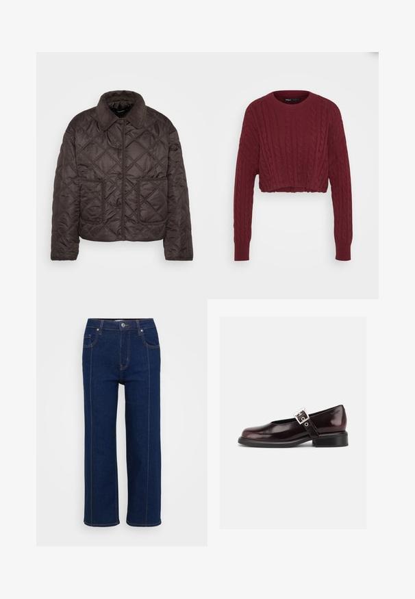 Mørkebrun quiltet jakke med trykknapper, to frontlomme med klap og en corduroykrave, vist fladt på en hvid baggrund.; Burgundy cropped striktrøje med kabelstrikdesign, ribbet halsudskæring og manchetter, der har et struktureret stof og lange ærmer.; Mørkeblå lige ben jeans med knaplukning, for- og baglommer samt synlig orange syning langs sømmene.; En enkelt blank mørk burgunder Mary Jane sko med bred rem og sølvspænde, lav blokhæle og rundet tå på hvid baggrund.