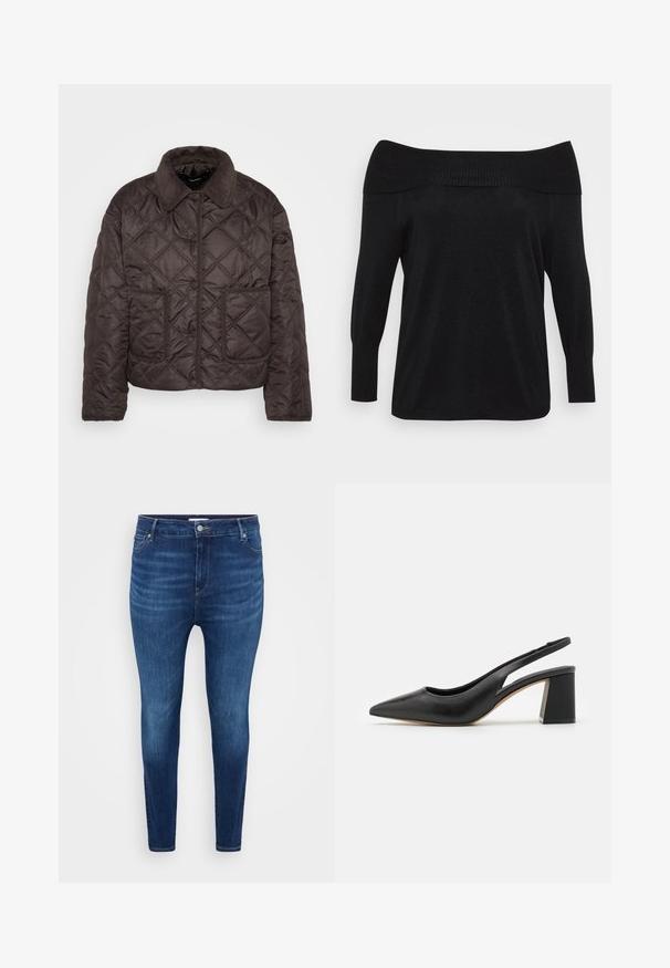 Mørkebrun quiltet jakke med trykknapper, to frontlomme med klap og en corduroykrave, vist fladt på en hvid baggrund.; Sort off-the-shoulder sweater med ribbet halsudskæring og lange ærmer, lavet af et blødt, struktureret stof med en subtil glans.; Mørkeblå skinny jeans med forlommer, bæltestropper og knaplukning på en ensfarvet lys baggrund.; Sorte læder slingback-pumper med spids tå, udskæringsdesign og chunky blokhæle. Glat tekstur med en minimalistisk æstetik.