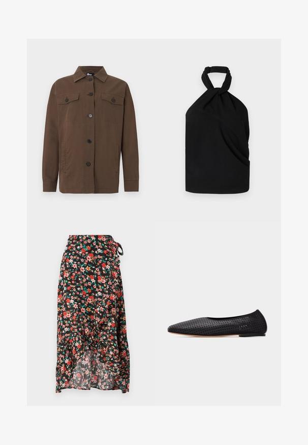 Bruine blouse-jas met lange mouwen en knopen, een kraag, twee borstzakken met kleppen en knopen, en zijzakken.; Iro BIRDA - Blouse - black; Bloemen wikkelrok met een zwarte achtergrond, rode en roze bloemen, ruffle zoom, verstelbare strik in de taille, en lichte stof.; Zwarte ballerinas van geperforeerd leer met spitse neus en lage hak, zijaanzicht op een witte achtergrond.