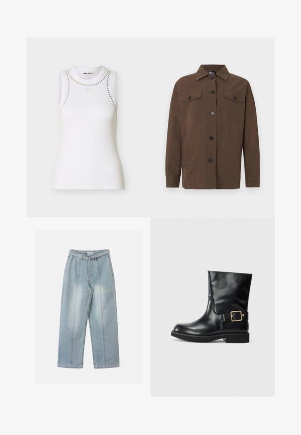 Veste-chemise marron à manches longues avec col, deux poches poitrine à rabat avec boutons, et poches latérales.; Débardeur blanc sans manches en maille côtelée avec encolure arrondie, détails cloutés le long des épaules et du haut de la poitrine, avec petit logo DKNY embossé au centre de la poitrine.; Jean large bleu clair à taille haute, coutures verticales cousues et ceinture assortie avec boucle en métal.; Botte de cheville en cuir noir avec une finition lisse, un bout courbé et une boucle en or sur une sangle en cuir, montée sur une semelle plate en caoutchouc.