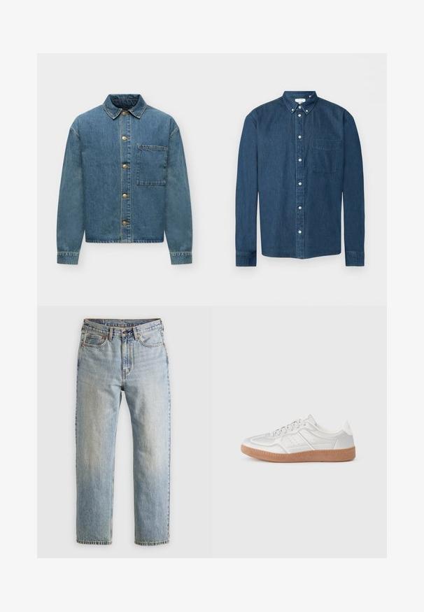 Veste en denim bleu à manches longues, boutons sur le devant, col et une grande poche poitrine unique sur fond blanc.; Chemise en denim bleu foncé boutonnée, manches longues, une poche avant à gauche et un col boutonné, présentée sur fond blanc.; Jean en denim bleu clair à taille haute, avec bouton avant, fermeture éclair et design à cinq poches, posé à plat sur un fond neutre.; Baskets argentées avec une texture lisse, un design à lacets, des accents perforés et une semelle en caoutchouc marron texturé.