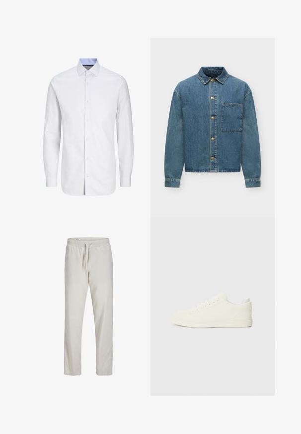 Veste en denim bleu à manches longues, boutons sur le devant, col et une grande poche poitrine unique sur fond blanc.; Chemise de ville blanche pour homme à manches longues avec un motif à carreaux subtil, col intérieur bleu, devant boutonné et col pointu.; Pantalon en lin beige clair avec taille élastique et cordon à l’avant, coupe droite, sans poches visibles.; Baskets blanches avec une tige à texture lisse, bout arrondi et laçage traditionnel, arborant un design minimaliste et une semelle en caoutchouc.