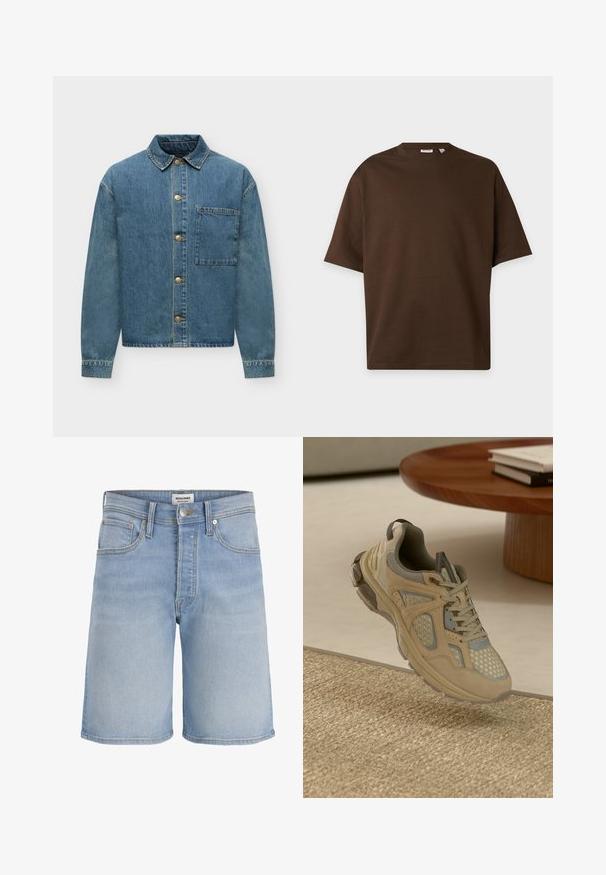 Veste en denim bleu à manches longues, boutons sur le devant, col et une grande poche poitrine unique sur fond blanc.; T-shirt marron uni à manches courtes et col rond présenté sur un fond plat gris clair.; Short en denim bleu clair avec cinq poches, passants pour ceinture, braguette zippée et fermeture à bouton, présenté sur un fond blanc uni.; Baskets de sport beige et grises avec des détails en mesh et en daim, flottant au-dessus d'un tapis tissé à côté d'une table basse en bois avec des livres.