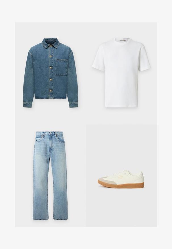 Veste en denim bleu à manches longues, boutons sur le devant, col et une grande poche poitrine unique sur fond blanc.; T-shirt blanc à manches courtes en maille gaufrée avec col rond, petite étiquette de marque à l'intérieur du col, présenté sur un fond uni.; Jeans en denim bleu clair avec des jambes larges et droites, design à cinq poches et une taille avec passants de ceinture. Le tissu présente une texture légèrement décolorée.; Baskets en cuir blanc avec une coque beige et une semelle en caoutchouc marron clair. Dotées de lacets blancs plats et d'un logo embossé sur le côté.