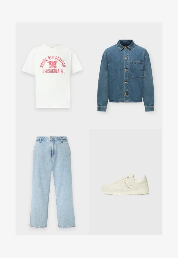 Blå denimjakke med lange ærmer, knapper foran, en krave og en stor brystlomme på en hvid baggrund.; Hvid T-shirt med korte ærmer med rød tekst "NAVAL AIR STATION PENSACOLA, FL." og et ørneemblem i midten foran.; Lyseblå højtaljede jeans i denim med lige ben, forlommer, bæltestropper, knap og lynlås.; Cremefarvet sneaker med perforeret detaljering, snørebånd og logo på siden, præsenteret mod en simpel hvid baggrund.