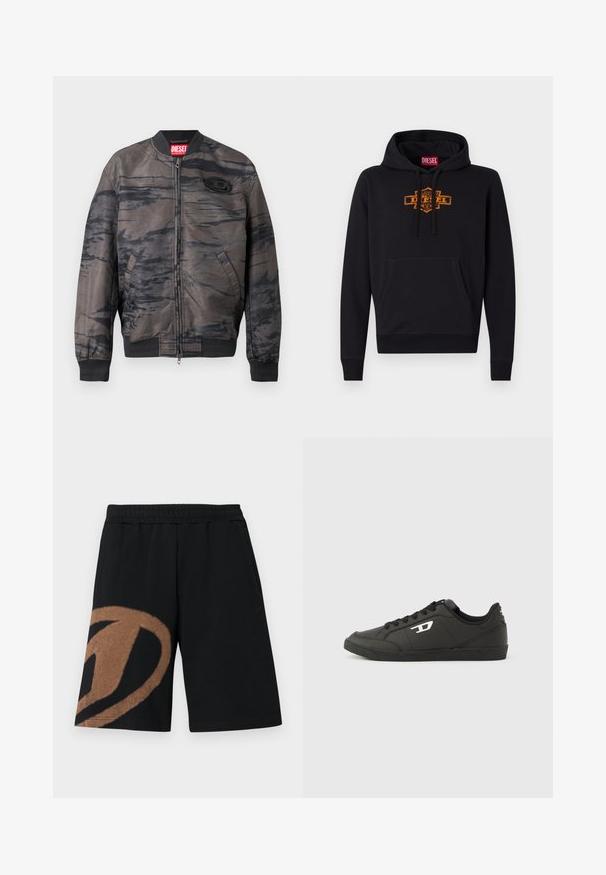 Veste bomber en gris foncé avec des motifs abstraits noirs, fermeture zippée, poignets et ourlet côtelés, comportant une étiquette de marque au col et un détail de logo.; Haut à capuche noir avec une poche kangourou à l'avant, un cordon de serrage pour la capuche et un logo graphique orange sur la poitrine. Matériau en mélange de coton doux.; Shorts taille élastique noire avec grand motif abstrait marron sur la jambe gauche et poches latérales.; Baskets synthétiques noires avec une semelle noire texturée, un bout rond et des lacets plats noirs. Logo blanc remarquablement placé sur le côté extérieur.