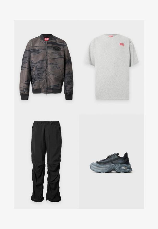 Chaqueta bomber en gris oscuro con patrones abstractos en negro, cierre de cremallera, puños y dobladillo acanalados, con una etiqueta de marca en el cuello y un detalle del logotipo.; Camiseta de algodón gris con cuello redondo y mangas cortas. Presenta un pequeño logo rojo "DIESEL" en el pecho. Textura suave.; Pantalones de utilidad negros de tejido ligero, con cintura elástica, cordones ajustables y bolsillos laterales, presentan un corte relajado.; Zapatilla Diesel en negro y gris con suela gruesa, cierre de cordón y diseño texturizado sobre un fondo liso de color gris claro.