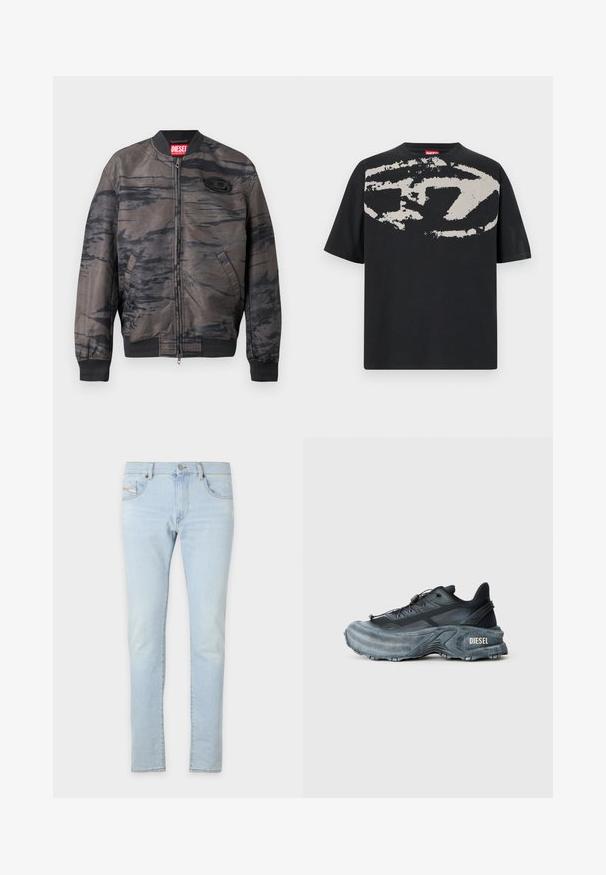 Veste bomber en gris foncé avec des motifs abstraits noirs, fermeture zippée, poignets et ourlet côtelés, comportant une étiquette de marque au col et un détail de logo.; T-shirt noir avec un grand motif abstrait gris clair sur le devant. Manches courtes et encolure ronde classique. Matière en coton.; Jean en denim bleu clair à coupe slim, avec poches avant et arrière, et légère usure sur le tissu pour un effet texturé.; Baskets Diesel noires et grises avec semelle épaisse, système de laçage à bascule et design texturé sur fond gris clair uni.