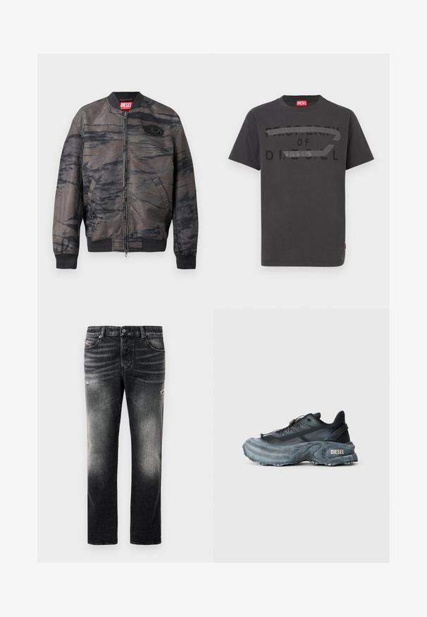 Chaqueta bomber en gris oscuro con patrones abstractos en negro, cierre de cremallera, puños y dobladillo acanalados, con una etiqueta de marca en el cuello y un detalle del logotipo.; Camiseta de algodón gris con texto negro en negrita que dice "PROPIEDAD DE D.I.E.S.E.L.", textura suave y mangas cortas.; Jeans negros con acabado desgastado y toques rasgados, diseño estándar de cinco bolsillos y cierre con cremallera. Elaborados en tela de denim.; Zapatilla Diesel en negro y gris con suela gruesa, cierre de cordón y diseño texturizado sobre un fondo liso de color gris claro.