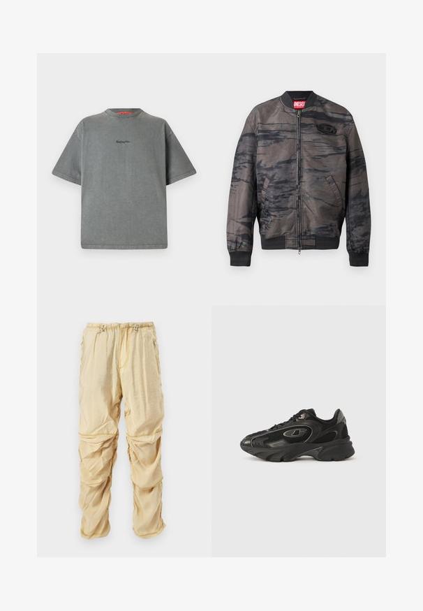 Bomberjacke in Dunkelgrau mit schwarzen abstrakten Mustern, Reißverschluss, gerippte Bündchen und Saum, mit einem Markenetikett am Kragen und Logo-Detail.; Replay Inc. T-Shirt basic - stoned grey; Helle beige Nylon-Cargohosen mit verstellbaren Drawstrings an der Taille und Reißverschlusstaschen, gestaltet mit gerafften, geschichteten Stoffdetails.; Schwarze Sportsneaker mit Obermaterial aus Mesh und Synthetik, gebogener Sohle, gepolstertem Kragen und dezenten Logodetails. Strukturierte Details auf den Seitenpanelen.