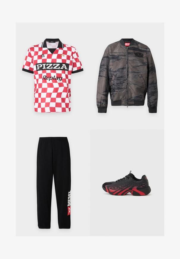 Bomberjacke in Dunkelgrau mit schwarzen abstrakten Mustern, Reißverschluss, gerippte Bündchen und Saum, mit einem Markenetikett am Kragen und Logo-Detail.; Rot-weiß kariertes Kurzarmtrikot mit schwarzem Kragen, "PIZZA"-Logo und zwei Sternen über dem Markennamen. Glatte Stofftextur.; Schwarze Sweatpants mit elastischem Bund, ausgestattet mit einem großen weißen "DIESEL"-Logo und rotem Akzent am linken Bein. Weicher, glatter Stoff.; Schwarz-rotfarbener Sportschuh mit strukturiertem Obermaterial und Musterdetails, Schnürverschluss und dicker Gummisohle.