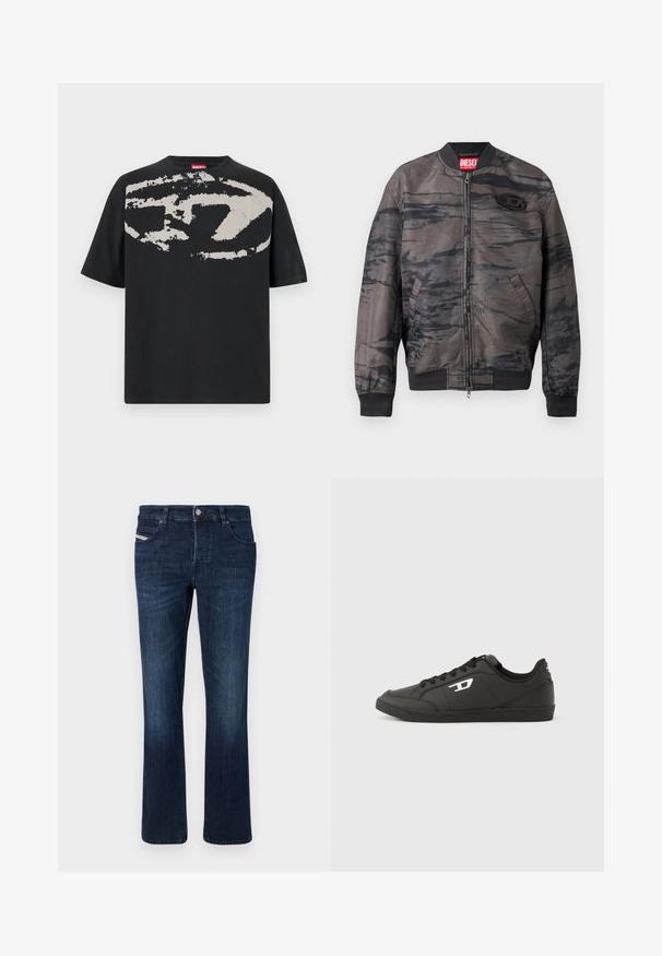 Chaqueta bomber en gris oscuro con patrones abstractos en negro, cierre de cremallera, puños y dobladillo acanalados, con una etiqueta de marca en el cuello y un detalle del logotipo.; Camiseta negra con un gran gráfico abstracto en gris claro en la parte frontal. Mangas cortas y un cuello redondeado clásico. Material de algodón.; Jeans de mezclilla en azul oscuro con un corte recto. Presentan cinco bolsillos, un cierre con botón de metal y un sutil bordado en el bolsillo trasero.; Zapatillas deportivas negras sintéticas con suela negra texturizada, puntera redonda y cordones planos negros. Destaca un logo blanco en el lateral exterior.