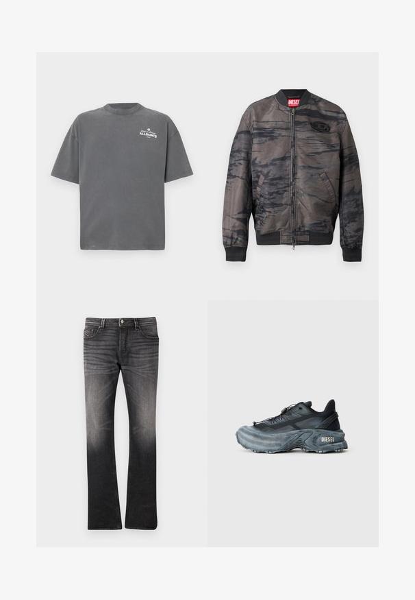 Veste bomber en gris foncé avec des motifs abstraits noirs, fermeture zippée, poignets et ourlet côtelés, comportant une étiquette de marque au col et un détail de logo.; T-shirt gris foncé à manches courtes et col rond avec petit logo blanc « ALLSAINTS » sur la partie supérieure gauche de la poitrine.; Jeans en denim noir avec un motif légèrement délavé. Conception ajustée, jambe droite, style cinq poches et fermeture à bouton à la taille.; Baskets Diesel noires et grises avec semelle épaisse, système de laçage à bascule et design texturé sur fond gris clair uni.