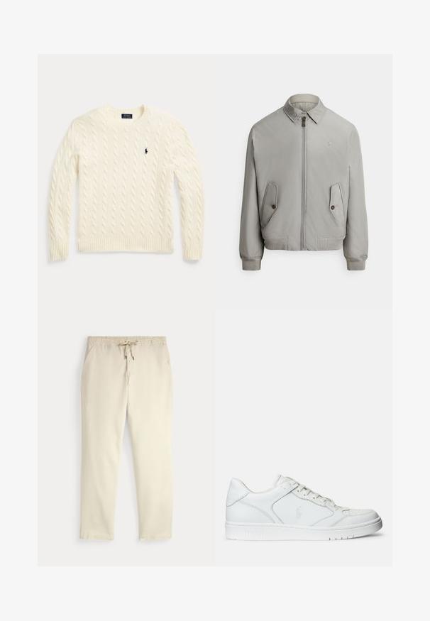 Chaqueta bomber gris de tela lisa con cierre frontal de cremallera, cuello de pico y dos bolsillos delanteros. Incluye puños y bajo acanalados.; Jersey de punto trenzado color crema con mangas largas y logo de Polo Ralph Lauren bordado en el pecho izquierdo.; Pantalones casuales color blanco roto con cinturilla elástica y cordón, piernas rectas y bolsillos laterales sobre un fondo liso.; Zapatilla de cuero blanca con textura suave, que presenta una puntera perforada, cierre de cordones y logo bordado en el lateral. Suela de goma blanca.