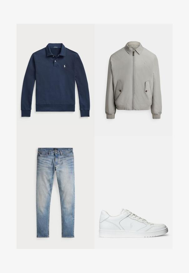 Harmaa bombaripusero sileästä kankaasta, jossa vetoketju edessä, kärkikaulus ja kaksi etutaskua. Mukana ribbivarsien suojukset ja helma.; Polo Ralph Lauren LOOPBACK COLLARED SWEATSHIRT - Collegepaita - cruise navy; Vaaleansiniset farkut, joissa on haalistunut pinta, viisi taskua ja kontrastiväriset ompeleet. Varustettu vetoketjullisella suljennalla ja vyölenkeillä. Suora leikkaus.; Valkoinen nahkakenkä, jossa on sileä pinta, varustettuna rei'itetyllä varpaalla, nauhakäytöllä ja brodeeratulla logolla sivulla. Valkoinen kumipohja.