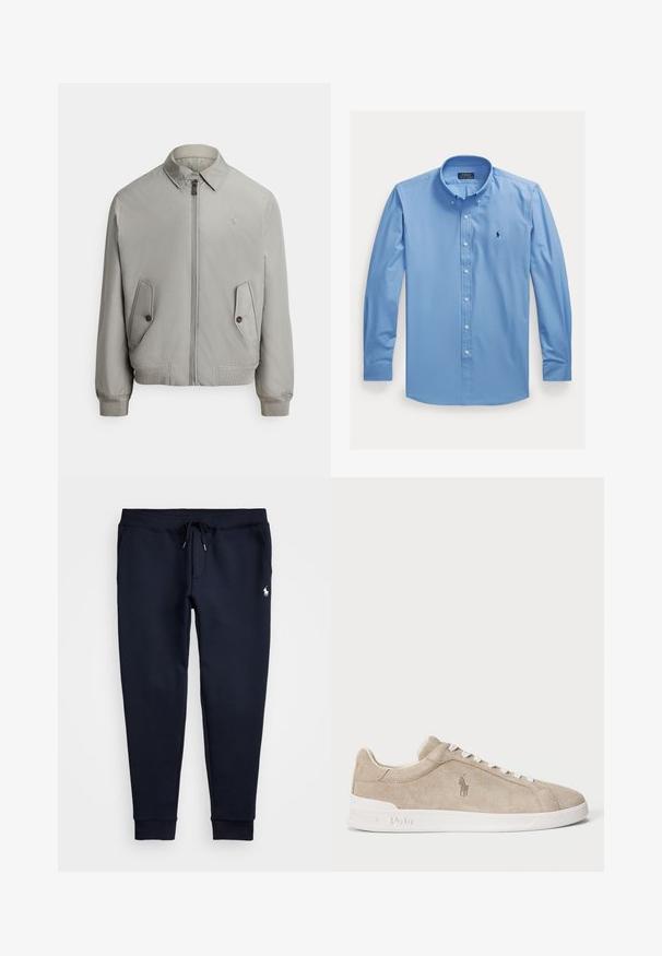 Sivá bomber bunda z hladkej tkaniny so zipsom na prednej strane, klopeným golierom a dvoma prednými vreckami. Obsahuje rebrované manžety a lem.; Svetlomodrá košeľa s dlhým rukávom na zapínanie na gombíky s klasickým golierom, zdobená malým tmavým logom na ľavej strane hrude a bielymi gombíkmi.; Námornícke modré tepláky s pásom na šnúrku, elastickými manžetami a malým bielym logom na hornej ľavej nohe. Mäkka textúra látky.; Béžové semišové tenisky s bielymi šnúrkami a podrážkou, vyšívané logo Polo na boku a s embossovaným nápisom "Polo" na podrážke.