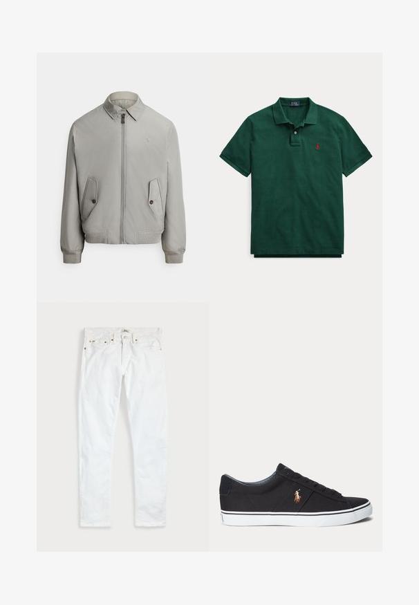 Chaqueta bomber gris de tela lisa con cierre frontal de cremallera, cuello de pico y dos bolsillos delanteros. Incluye puños y bajo acanalados.; Polo verde de manga corta con cuello, dos botones en la tapeta y un pequeño logo rojo bordado en el pecho izquierdo.; Vaqueros blancos de corte ajustado con cinco bolsillos, cierre de botones y trabillas para cinturón, extendidos sobre un fondo liso y claro.; Zapatilla negra de corte bajo con suela blanca de goma y logotipo bordado de caballo marrón en el lateral.