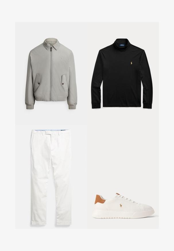 Graue Bomberjacke aus glattem Stoff mit Reißverschluss vorne, spitzem Kragen und zwei Fronttaschen. Mit gerippten Bündchen an Ärmeln und Saum.; Schwarzes Langarm-Turtleneck-Shirt mit kleinem goldfarbenem Polo Ralph Lauren Logo auf der linken Brust, flach auf hellem Hintergrund präsentiert.; Weiße Baumwoll-Chinos mit flacher Vorderseite, Gürtelschlaufen, Seitentaschen und einer glatten Textur, mit einem blauen inneren Bund.; Weißer Sneaker mit niedrigem Schaft, beige Fersenlasche, weißen Schnürsenkeln und kleinem, besticktem Polospieler-Logo an der Seite über einer dicken Sohle.
