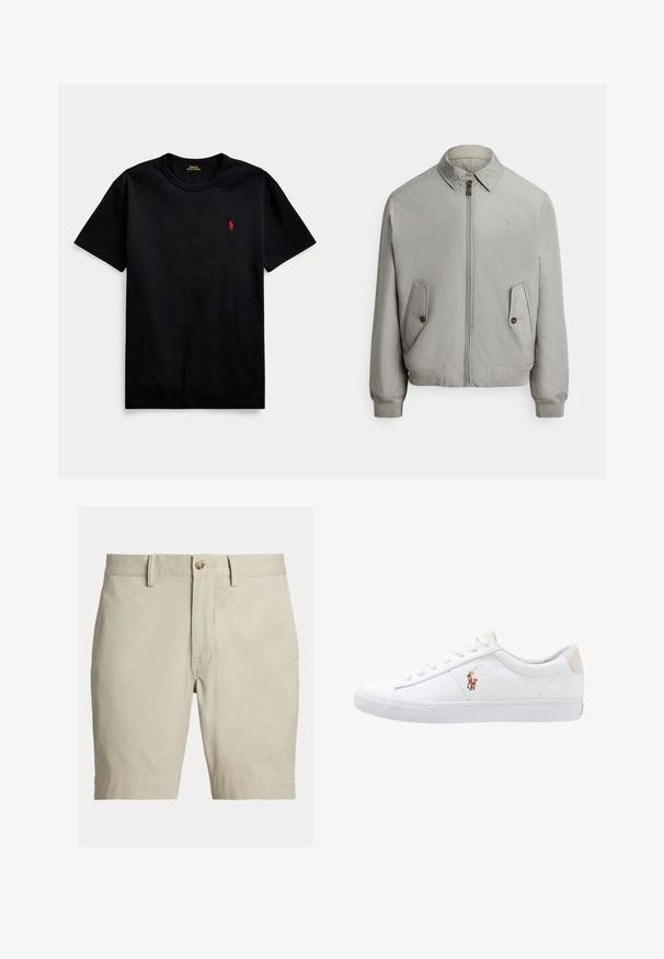 Grå bomberjakke i glat stof med lynlås foran, spids krave og to forlommer. Inkluderer ribstrikkede manchetter og kant.; Sort bomulds t-shirt med korte ærmer, rund halsudskæring, og lille rødt broderet logo på venstre bryst. Glat overflade, afslappet design.; Beige knælange shorts med bæltestropper, knaplukning og lynlås, vist mod en hvid baggrund.; Hvide kanvas sneakers med lågtop design, prydet med en beige hælkappe og et lille broderet logo på siden. Gummisål.