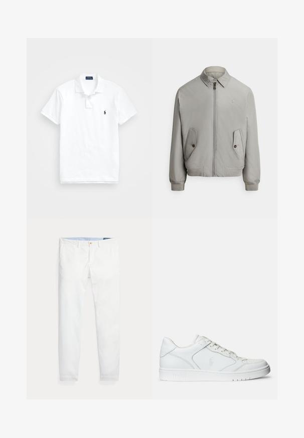 Blouson aviateur gris en tissu lisse avec fermeture éclair à l'avant, col pointu et deux poches avant. Comprend des poignets et un ourlet côtelés.; Polo blanc en coton. Il présente un col classique, une patte de boutonnage à trois boutons, des manches courtes et un petit logo marine sur la poitrine.; Chinos en coton blanc coupe slim, dotés d'une fermeture à un bouton doré et d'une ceinture intérieure bleu clair. Texture lisse sans motifs.; Baskets en cuir blanc avec une texture lisse, présentant un bout perforé, un système de laçage et un logo brodé sur le côté. Semelle en caoutchouc blanc.
