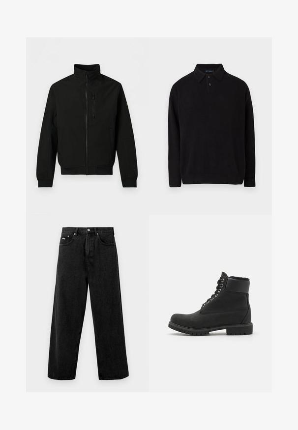 Schwarze leichte Jacke mit durchgehendem Frontreißverschluss, hohem Kragen, Brustreißverschlusstasche, seitlichen Taschen und langen Ärmeln mit gerippten Bündchen.; Schwarzer Pullover mit Kragen, dreiknöpfiger Knopfleiste, gerippten Bündchen und Saum, aus einem weichen Strickmaterial.; Schwarze, weit geschnittene Jeans aus Denim mit Knopfverschluss und Vordertaschen. Dezentes Markenlogo am Bund. Matte Textur.; Schwarze Knöchelstiefel aus Wildleder mit Gummisohle, ausgestattet mit metallischen Ösen, Schnürsenkeln und einem weichen Kunstfellkragen am oberen Rand.