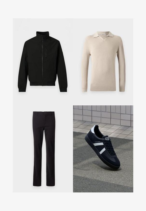 Zwart lichtgewicht jack met volledige rits aan de voorzijde, hoge kraag, borstzak met rits, zakken aan de zijkant en lange mouwen met geribbelde boorden.; Beige poloshirt met lange mouwen, een V-hals en geribbelde textuur. Zacht materiaal met een klassieke kraag en een aansluitend ontwerp.; Zwarte broek gemaakt van een katoenmix; heeft een recht model en een sluiting met een knoop aan de voorkant. Geen patronen of versieringen zichtbaar.; Zwarte leren sneaker met witte strepen, een gestructureerde rubberen zool en vetersluiting aan de voorkant. Voorzien van een merklabel op de tong.