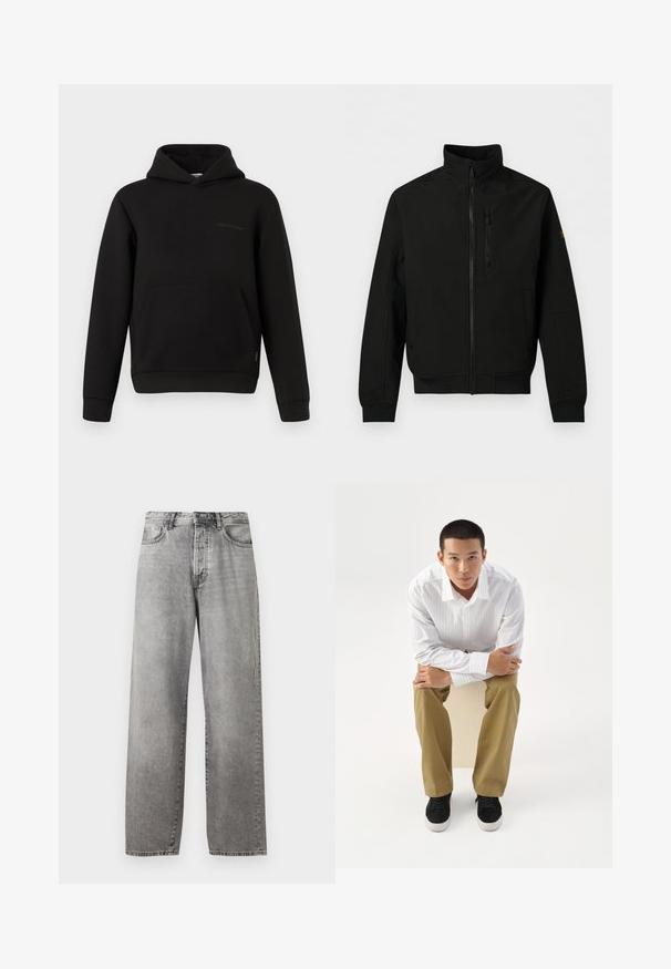 Zwart lichtgewicht jack met volledige rits aan de voorzijde, hoge kraag, borstzak met rits, zakken aan de zijkant en lange mouwen met geribbelde boorden.; Zwarte hoodie met een voorzak, lange mouwen en een kleine horizontale naaddetail op de linkerborst tegen een witte achtergrond.; Grijze wijde spijkerbroek van denim. Heeft een hoge taille, vijf zakken en een knoop- en ritssluiting. Subtiele vervaging over de stof.; Jonge man in wit gestreept overhemd en kaki broek, voorover zittend op een kruk met gekruiste armen, kijkt recht vooruit op een witte achtergrond.