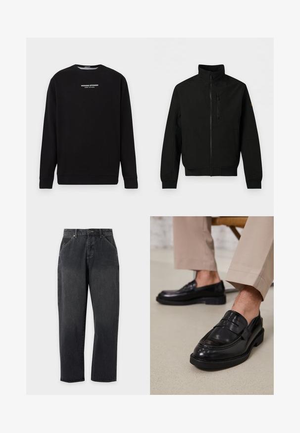 Veste légère noire avec zip intégral à l'avant, col montant, poche poitrine zippée, poches latérales et manches longues avec poignets côtelés.; Sweat-shirt noir à manches longues avec le texte blanc « WEEKEND OFFENDER ADMIT NOTHING » centré sur la poitrine.; Jean denim noir droit avec poches avant, passants de ceinture, bouton et fermeture éclair, présenté sur un fond uni gris clair.; Mocassins en cuir noir avec une finition lisse, ornés d'une sangle décorative et de coutures contrastées, associés à un pantalon beige.