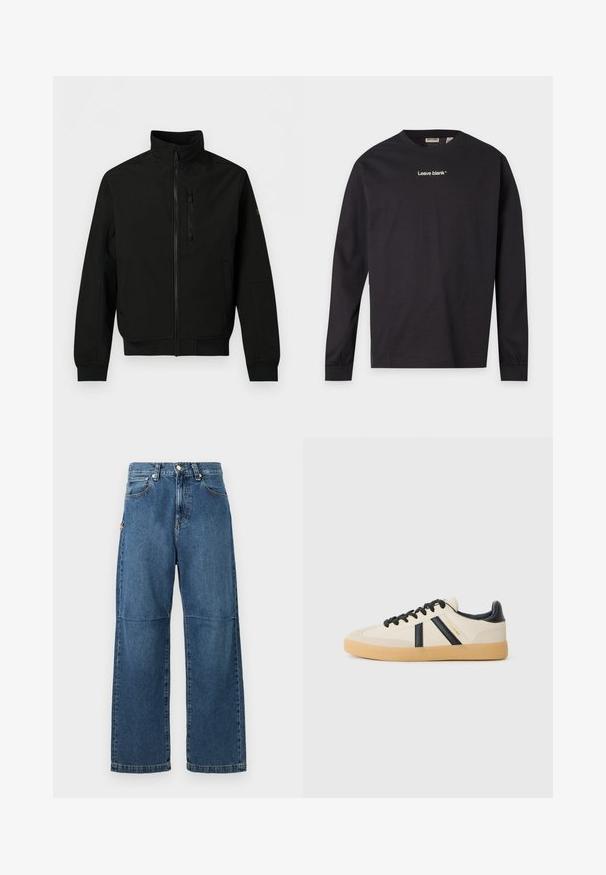 Chaqueta ligera negra con cremallera completa en la parte delantera, cuello alto, bolsillo con cremallera en el pecho, bolsillos laterales y mangas largas con puños acanalados.; Camiseta negra de manga larga con cuello redondo y texto blanco "Leave blank" centrado en el pecho, exhibida sobre un fondo gris claro liso.; Vaqueros de mezclilla azul con un ajuste relajado, piernas rectas, costura visible y un cierre de botón en la parte delantera. Presenta un bolsillo lateral con un acento.; Zapatillas casuales en crema con rayas negras, con parte superior texturizada y suela de goma. Los cordones son negros. Logo sutil en el costado.