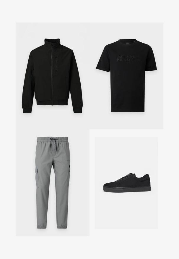 Veste légère noire avec zip intégral à l'avant, col montant, poche poitrine zippée, poches latérales et manches longues avec poignets côtelés.; T-shirt noir à manches courtes et col rond avec texte en relief « JACK & JONES PREMIUM EST 1990 » au centre devant.; Pantalon de jogging gris avec taille élastique, cordon de serrage et poches cargo latérales. Fabriqué en tissu léger avec une finition lisse.; Baskets basses noires avec fermeture à lacets à l'avant et semelle en caoutchouc plate, vues de profil sur fond blanc.