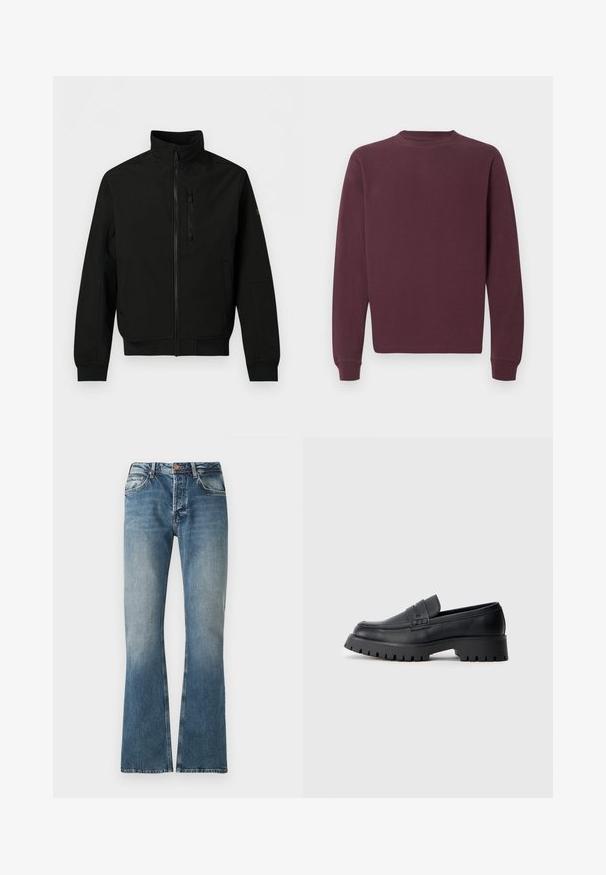Schwarze leichte Jacke mit durchgehendem Frontreißverschluss, hohem Kragen, Brustreißverschlusstasche, seitlichen Taschen und langen Ärmeln mit gerippten Bündchen.; Weinrotes Langarm-Sweatshirt mit gerippter Struktur, rundem Ausschnitt und enganliegenden Bündchen, das ein schlichtes, kastiges Design aufweist.; Blaue Jeans aus Denim mit einem verwaschenen Effekt, geradem Bein Schnitt, Knopf- und Reißverschluss und fünf Taschen Design.; Schwarze Leder-Loafer mit abgerundeter Schuhspitze, ausgestattet mit einem dekorativen Riemen und einer robusten Gummisohle mit tiefem Profil für besseren Halt.