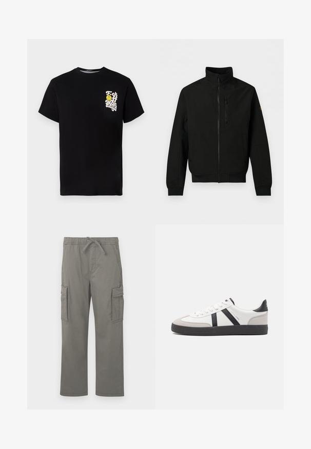 Schwarze leichte Jacke mit durchgehendem Frontreißverschluss, hohem Kragen, Brustreißverschlusstasche, seitlichen Taschen und langen Ärmeln mit gerippten Bündchen.; Schwarzes Baumwoll-T-Shirt mit Rundhalsausschnitt, kurzen Ärmeln und einer weißen Grafik mit einem gelben Smiley-Gesicht auf der Brusttasche.; Graue gerade Cargo-Hosen mit elastischem Bund, Kordelzug, seitlichen Klappentaschen und vorderen Schrägtaschen auf einem weißen Hintergrund.; Weiße Sneaker mit schwarz- und grau-aczenten, ausgestattet mit einer strukturierten grauen Zehenkappe, schwarzer Gummi-Sohle und flachen weißen Schnürsenkeln. Sauberes Design, minimalistische Stil.