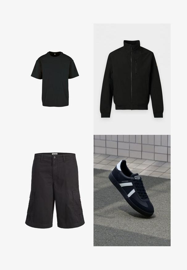 Sort letvægtsjakke med fuld lynlås foran, høj krave, brystlomme med lynlås, sidelommer og lange ærmer med ribmanchetter.; Sort bomulds T-shirt med rund hals og korte ærmer; har en afslappet pasform og en glat, struktureret overflade.; Sort cargoshorts med bæltestropper, knap- og lynlåslukning og to store sidelommer, vist mod hvid baggrund.; Sort lædersneaker med hvide striber, tekstureret gummisål og snørrebånd foran. Har et brandet mærke på tungen.