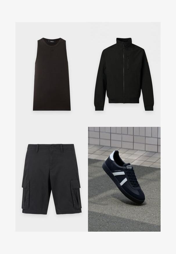 Veste légère noire avec zip intégral à l'avant, col montant, poche poitrine zippée, poches latérales et manches longues avec poignets côtelés.; Débardeur noir sans manches avec encolure ronde, petit logo embossé sur la poitrine et étiquette « FAVELA » à l’intérieur du col.; Shorts cargo noirs avec bouton frontal, passants pour ceinture et deux grandes poches latérales à rabat, présentés sur un fond neutre.; Sneaker en cuir noir avec des rayures blanches, semelle en caoutchouc texturée et devant à lacets. Présente une étiquette de marque sur la languette.