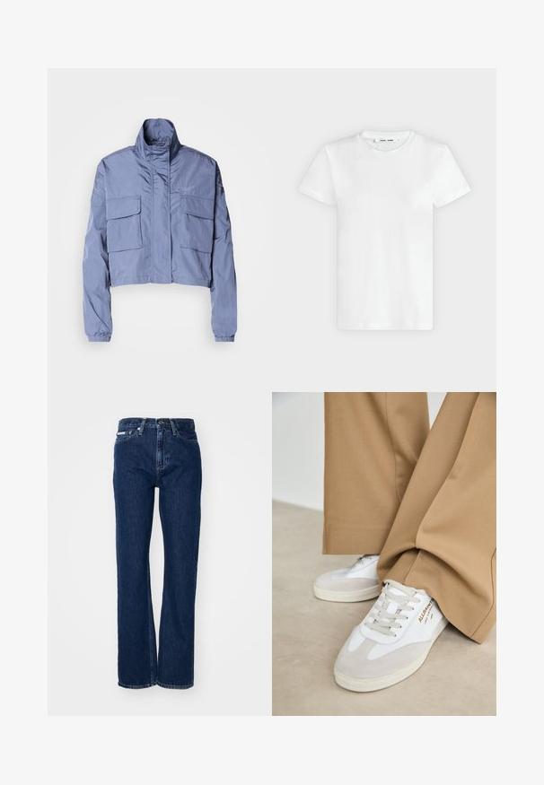 Chaqueta azul recortada hecha de material ligero, con cuello alto, puños elásticos y dos grandes bolsillos delanteros. Diseño minimalista.; Camiseta blanca lisa de manga corta y cuello redondo, colocada plana sobre un fondo gris claro, mostrando la parte delantera con etiqueta dentro del escote.; Vaqueros de mezclilla azul oscuro con piernas rectas, cierre de botón y cinco bolsillos. La tela tiene una ligera textura con sutiles detalles en la costura.; Zapatillas blancas con detalles de ante, cordones texturizados y suela de goma. Combinadas con un pantalón suelto en tono marrón claro. Logo exhibido en el lateral.