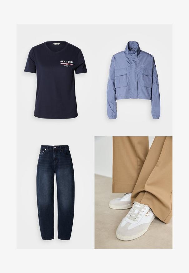Chaqueta azul recortada hecha de material ligero, con cuello alto, puños elásticos y dos grandes bolsillos delanteros. Diseño minimalista.; Camiseta de algodón azul marino con escote en V y mangas cortas, que presenta el texto del logo en blanco y rojo "GANT 1949" y detalles de diseño en el lado izquierdo del pecho.; Vaqueros de mezclilla azul oscuro con un corte relajado, cintura alta, diseño de pierna recta y estilo clásico de cinco bolsillos.; Zapatillas blancas con detalles de ante, cordones texturizados y suela de goma. Combinadas con un pantalón suelto en tono marrón claro. Logo exhibido en el lateral.