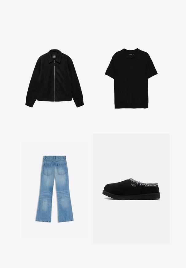 Veste noire à fermeture éclair avec col, manches longues, poches latérales, et une texture douce rappelant le suède, posée à plat sur un fond blanc.; Polo noir à manches courtes avec trois boutons et un col, présenté sur fond blanc.; Jean en denim bleu clair avec une taille haute, des jambes larges et deux poches arrière, présenté à plat sur un fond blanc.; Sabots en suède noir avec un bout arrondi, dotés d'un col en maille et d'une semelle en caoutchouc texturée. Affiche le logo UGG sur le côté.