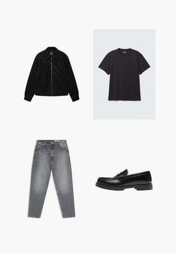 Veste noire à fermeture éclair avec col, manches longues, poches latérales, et une texture douce rappelant le suède, posée à plat sur un fond blanc.; T-shirt noir à manches courtes en coton. Il présente un col rond et une coupe décontractée. Design simple sans motifs ni accents visibles.; Jean denim gris taille haute avec détails décolorés, cinq poches, fermeture par bouton et fermeture éclair.; Mocassin en cuir noir avec une semelle en caoutchouc épaisse et un détail classique de bride à monnaie, vu de côté extérieur.