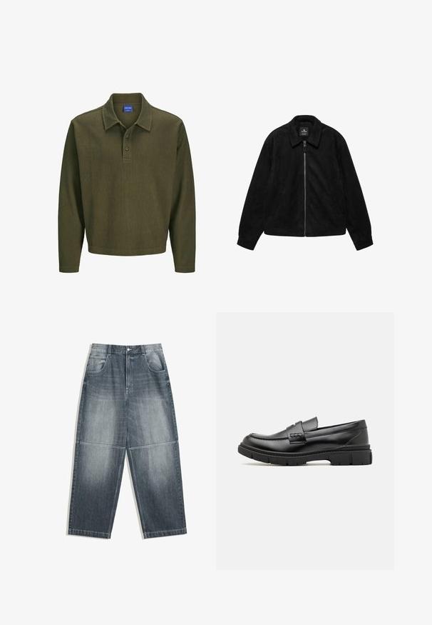 Zwarte ritsjas met kraag, lange mouwen, zijzakken en een zachte suède-achtige textuur, plat neergelegd op een witte achtergrond.; Olijfgroen polo shirt met lange mouwen, gemaakt van gestructureerde stof. Heeft een kraag, een drieknoopsluiting en een ontspannen pasvorm.; Wijde, vervaagde grijze spijkerbroeken van denim. Bevat twee voorzakken en een knoopsluiting. Duidelijke horizontale zijnaad over de knieën.; Zwarte leren instapper met een brede band over de voet, rubberen zool met dikke noppen en een gladde textuur. Klassiek, strak ontwerp.