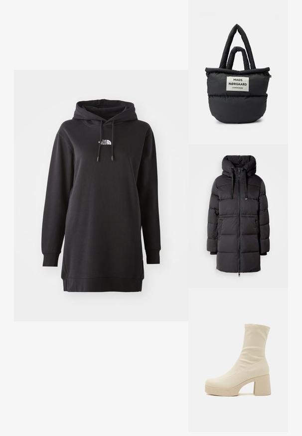 Schwarze Daunenjacke mit Kapuze, ausgestattet mit Reißverschluss, verstellbaren Kordeln und gestepptem Textur. Lange Ärmel mit elastischen Bündchen.; Schwarzes Hoodie-Kleid aus weichem Stoff, mit einer vorderen Kängurutasche, verstellbarem Kordelzug an der Kapuze und einem kleinen Logo auf der Brust.; Beige Knöchelboot aus glattem synthetischem Material, mit einer körperbetonten Silhouette, einem klobigen strukturierten Absatz und einer Plateau-Sohle.; Schwarze, gepolsterte Einkaufstasche mit zwei Griffen und gestepptem Design, rechteckigem Körper und einem Frontlabel, auf dem "MADS NØRGAARD COPENHAGEN" steht.